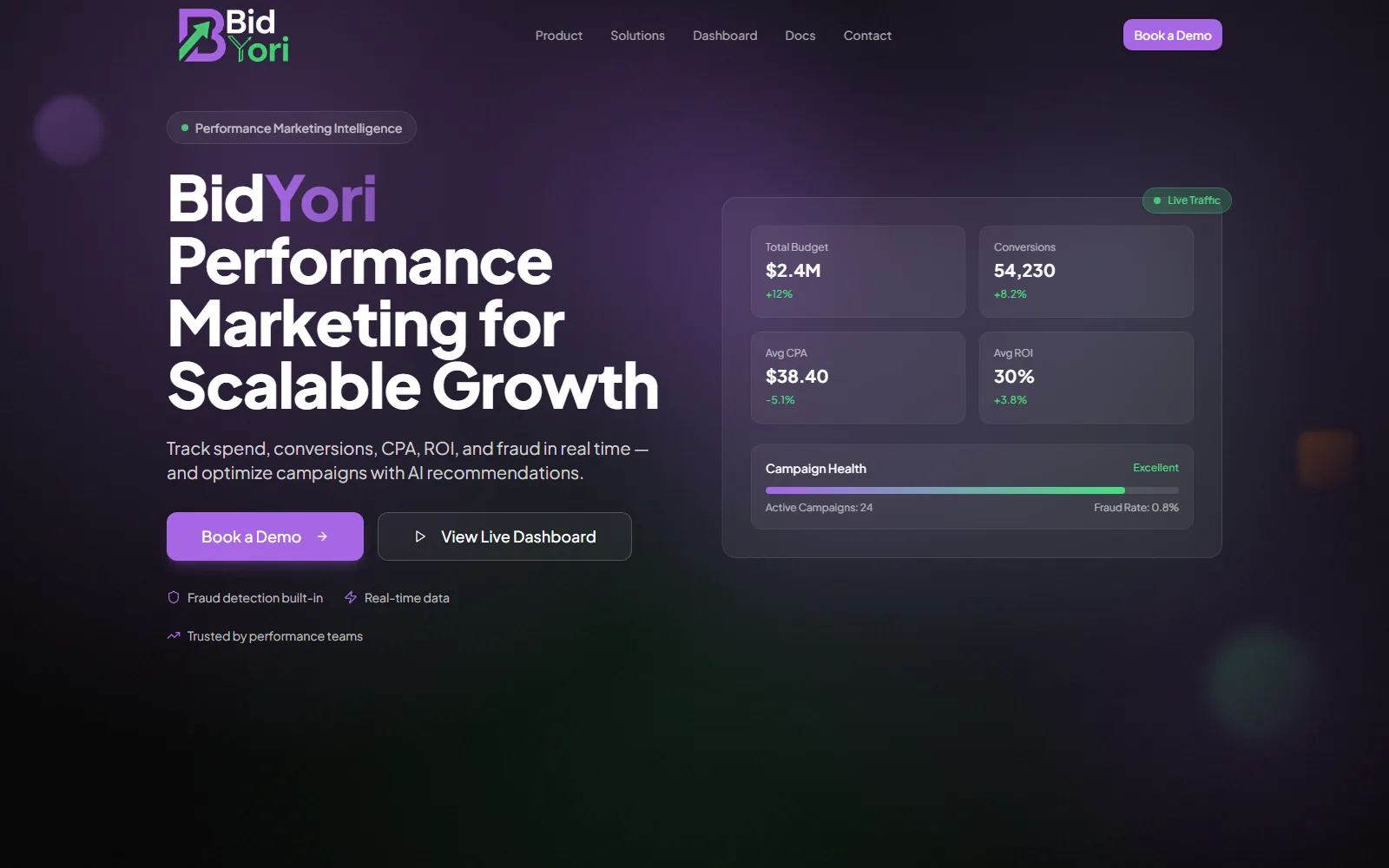 The BidYori home page with its live campaign dashboard