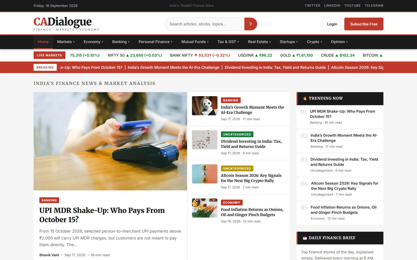 The CADialogue home page with its live market ticker and top finance stories