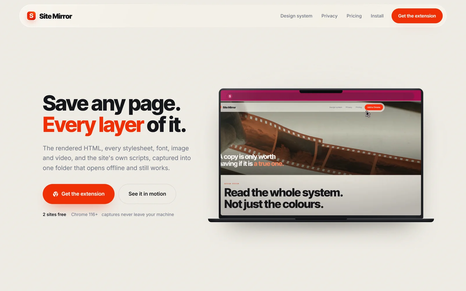 The Site Mirror home page: Save any page. Every layer of it.